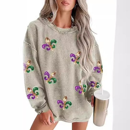 Women's Corduroy Oversized Embroidered Crewneck Sweatshirt