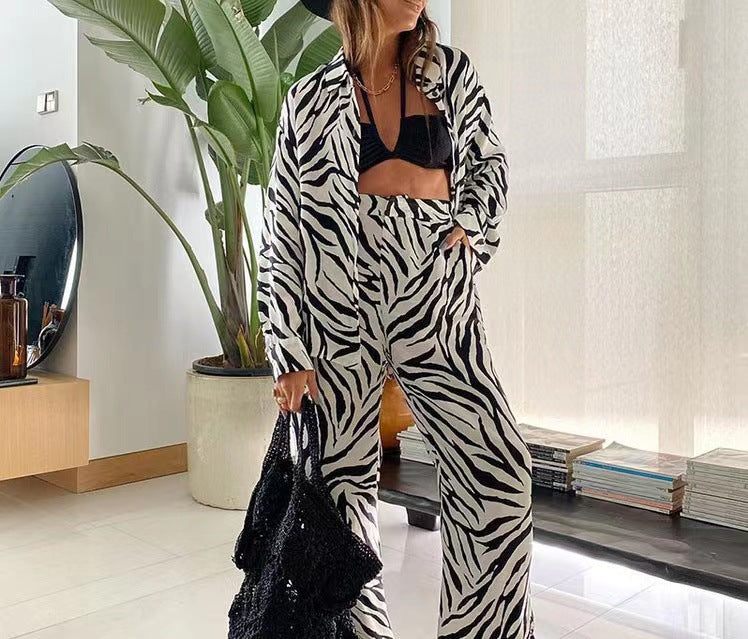 Matching Set Abstract Print Oversized Shirt Wide Leg Pants