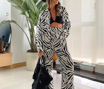 Matching Set Abstract Print Oversized Shirt Wide Leg Pants