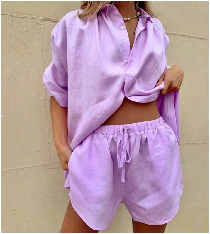 Women's Button Down Shirt & Shorts Matching Set