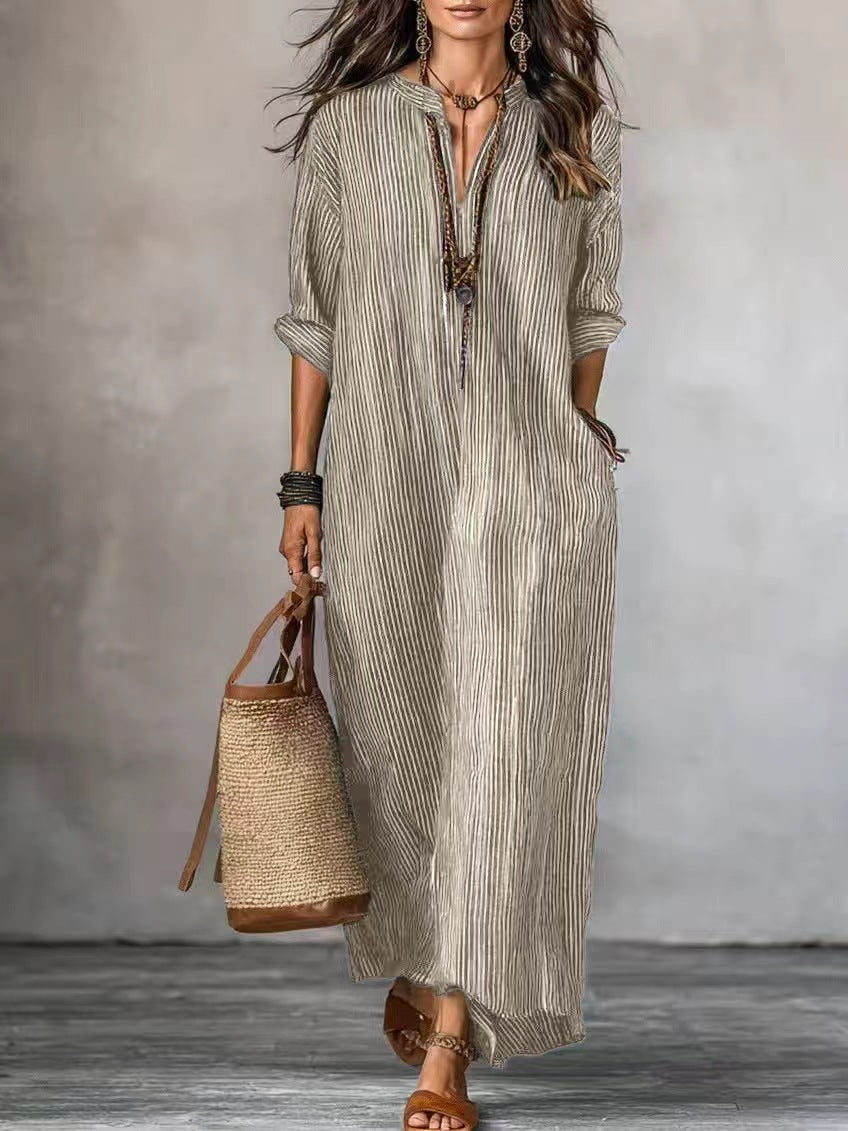 Striped V-Neck Maxi Dress Loose Casual 3/4 Sleeve