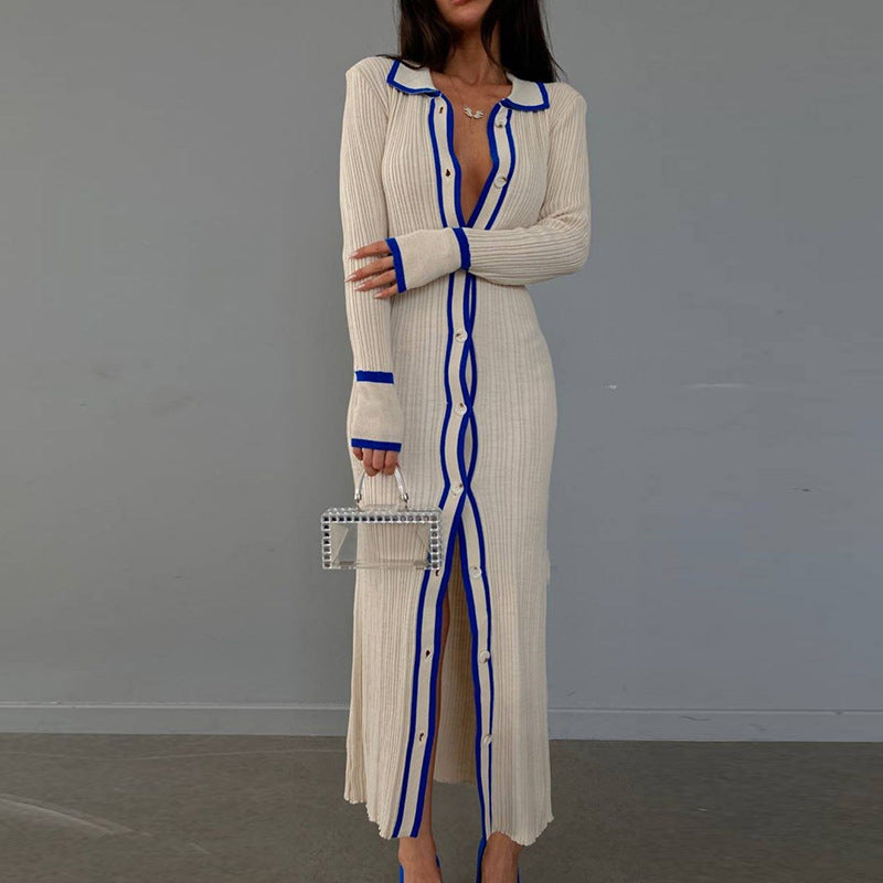 Colorblock Ribbed Button Front Maxi Dress