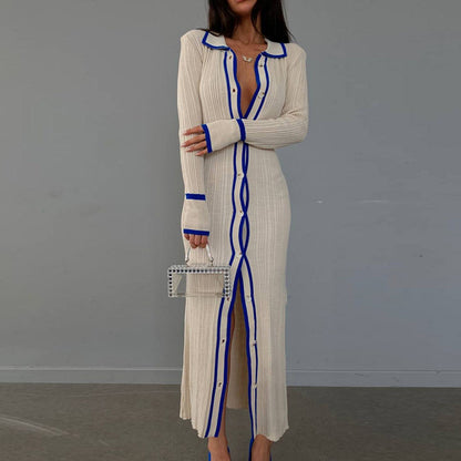Colorblock Ribbed Button Front Maxi Dress