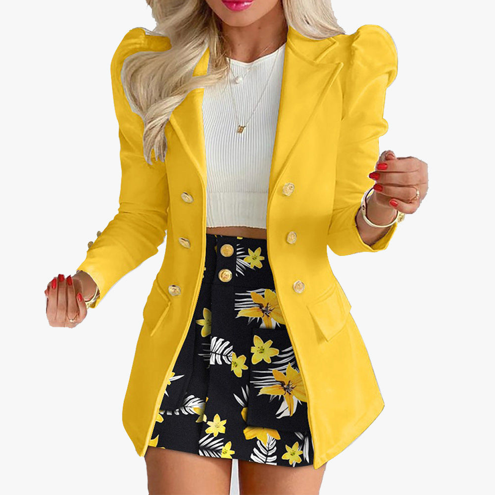 Women's Puff Sleeve Blazer Two Piece Skirt Set