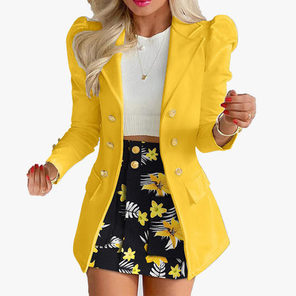Women's Puff Sleeve Blazer Two Piece Skirt Set