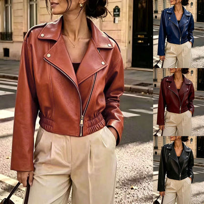 Womens Cropped Faux Leather Moto Jacket Zip Up