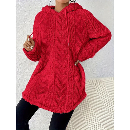 Women's Fuzzy Cable Knit Hoodie Drawstring Tunic Top