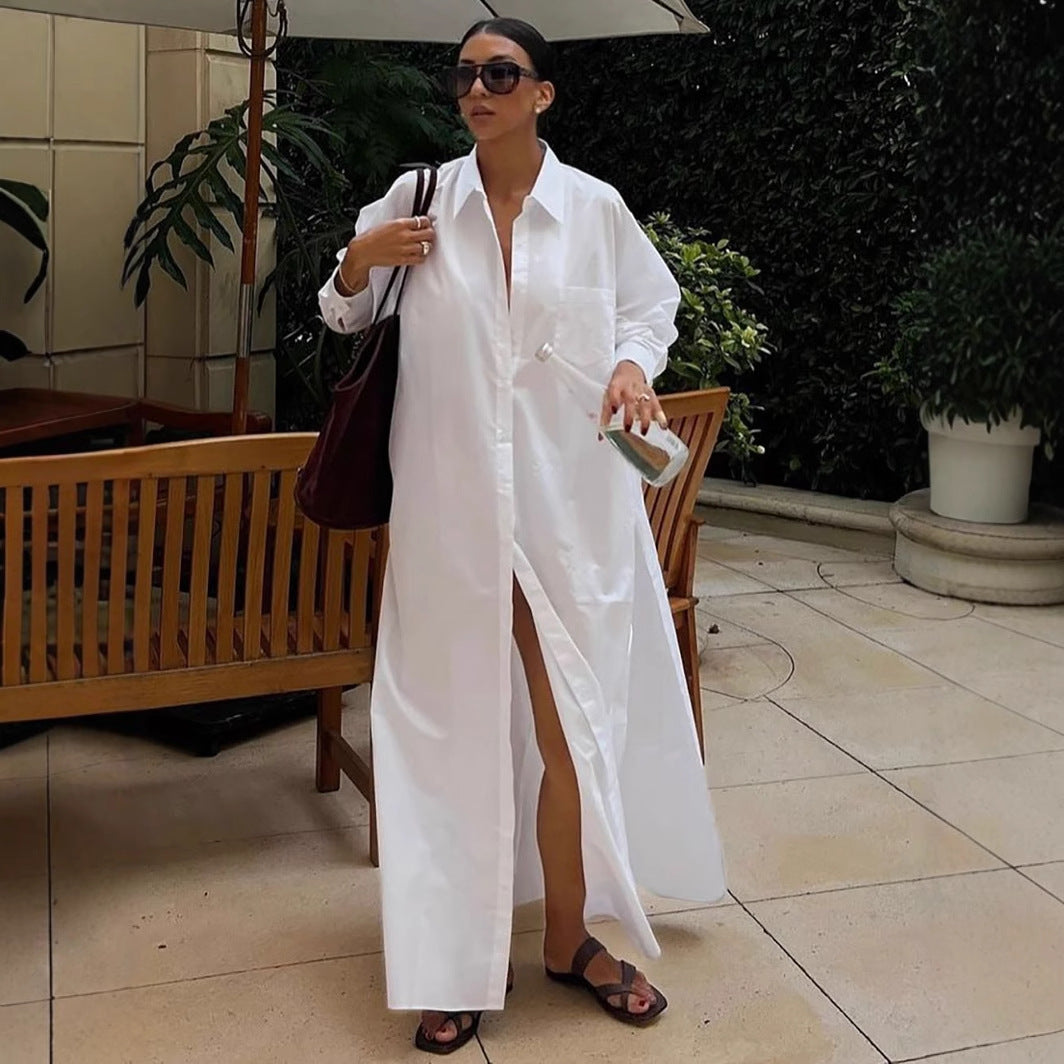 Cotton Maxi Shirt Dress Long Sleeve Collared Slit