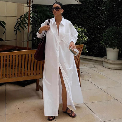 Cotton Maxi Shirt Dress Long Sleeve Collared Slit