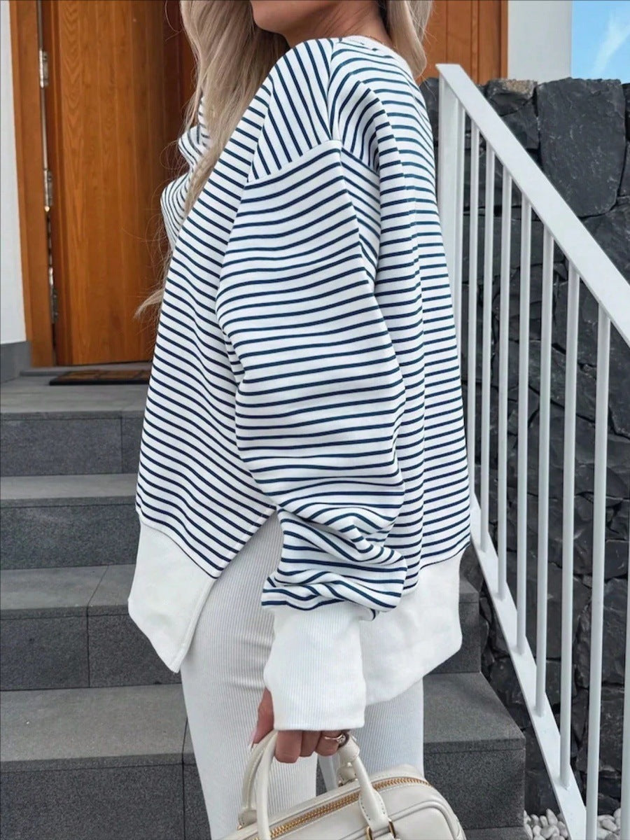 Oversized Striped Crewneck Sweatshirt Thumb Hole Side Slit