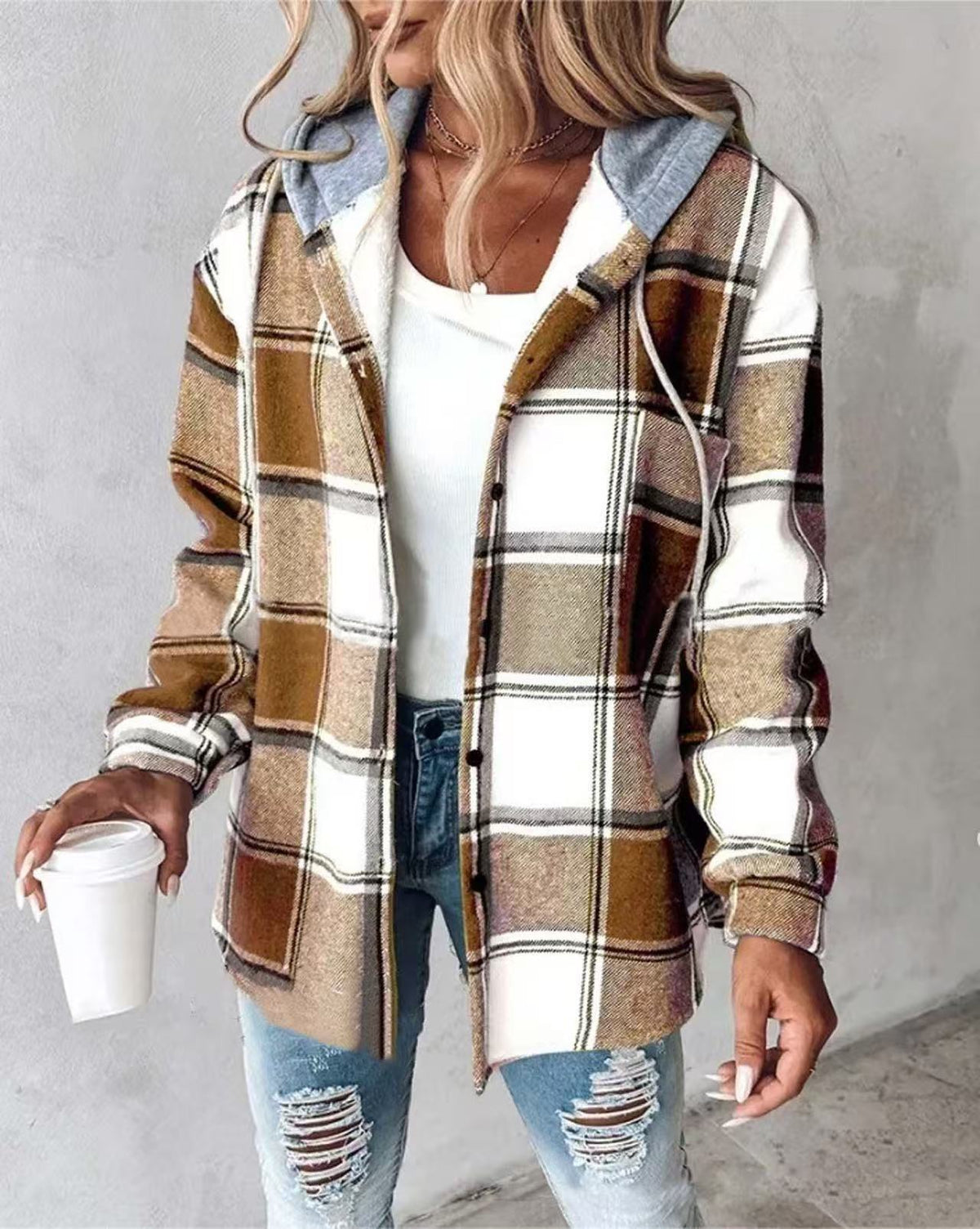 Women's Hooded Plaid Shacket Jacket
