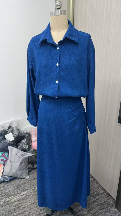 Women's V-Neck Long Sleeve Belted Pleated Midi Dress