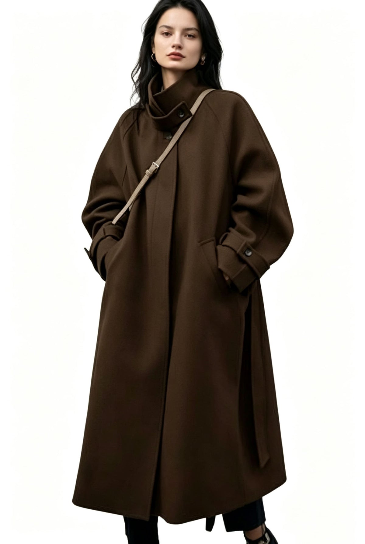 Women's Oversized Long Wool Coat Wide Lapel Belted