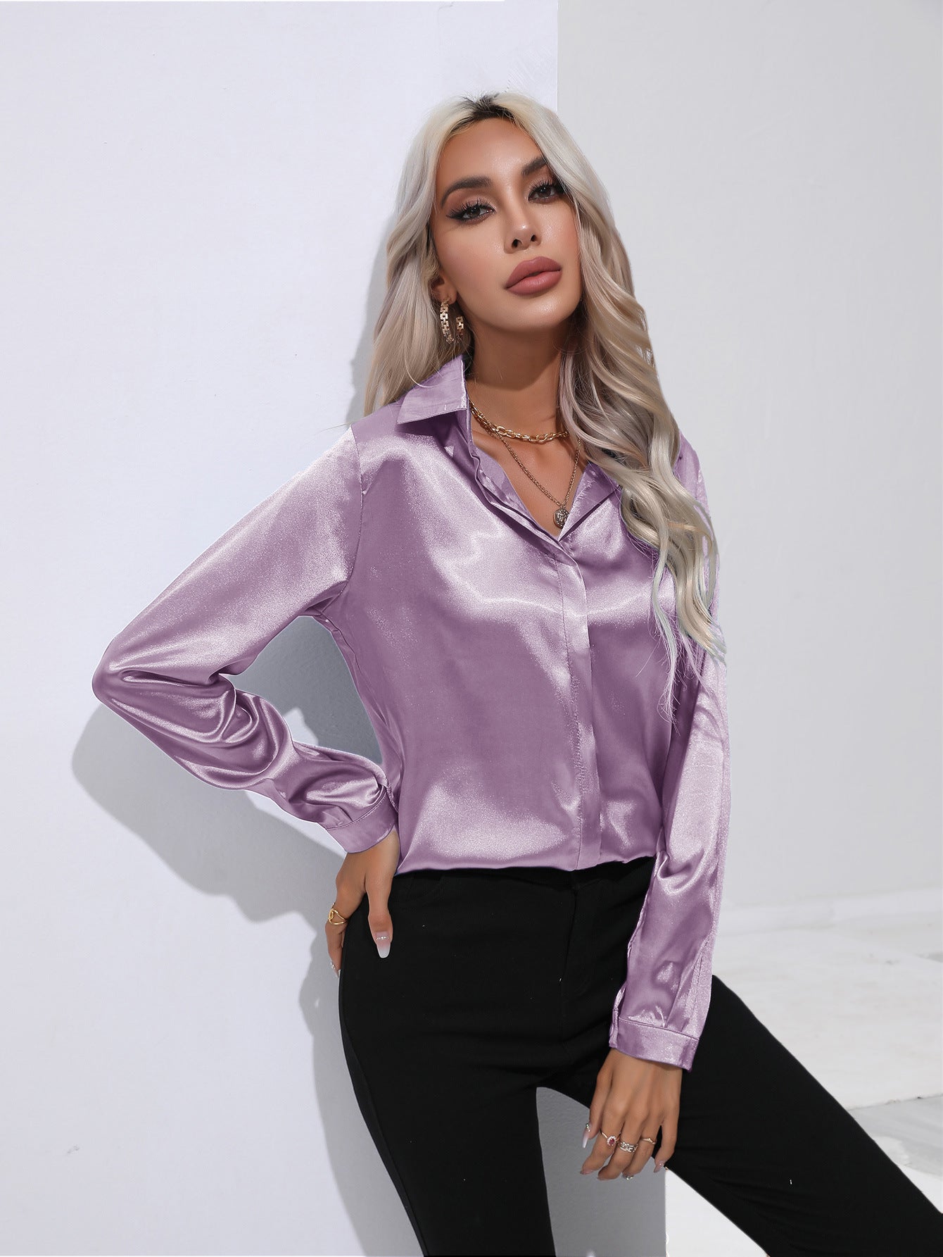 Women's Satin Long Sleeve Collared Blouse