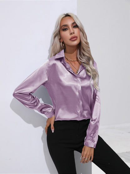 Women's Satin Long Sleeve Collared Blouse