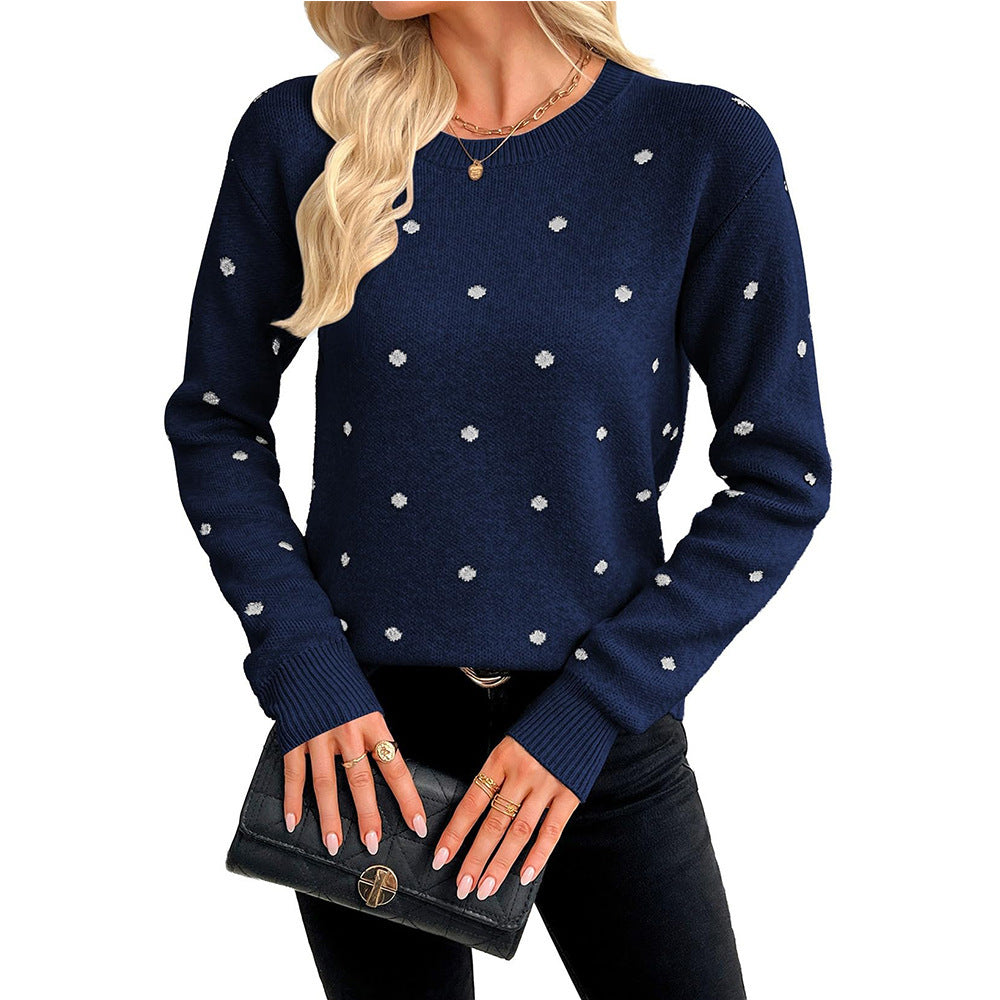 Women's Polka Dot Crew Neck Pullover Knit Sweater
