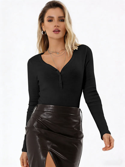 Women's Long Sleeve Ribbed Henley V Neck Fitted Top