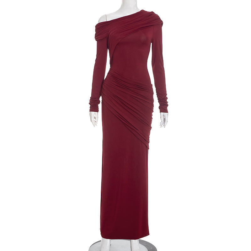 One Shoulder Ruched Bodycon Maxi Dress Long Sleeve