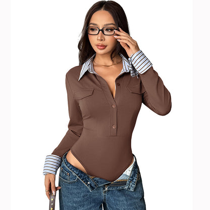 Contrast Stripe Collar Slim Fit Button Front Bodysuit