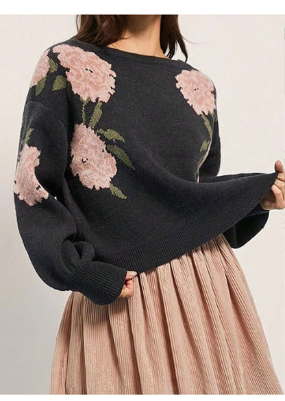 Women's Oversized Floral Crew Neck Knit Sweater