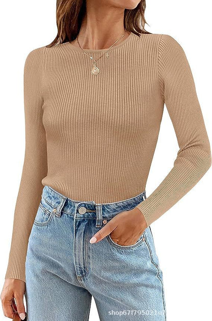 Women's Basic Ribbed Crew Neck Long Sleeve Knit Top