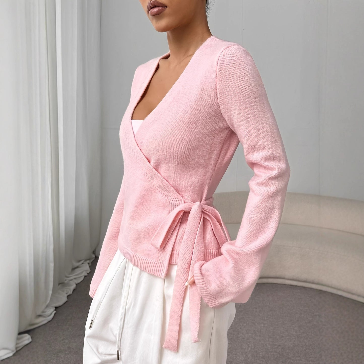 Women's Wrap Tie Front V Neck Long Sleeve Cardigan