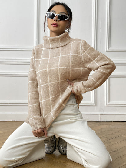 Women's Long Sleeve Bottom Shirt Contrast Checked Turtleneck