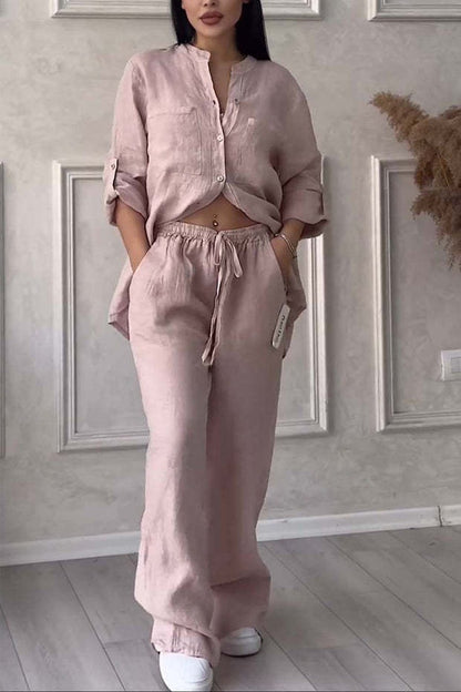 Cotton Linen 2 Piece Set Wide Leg Pants Button Shirt