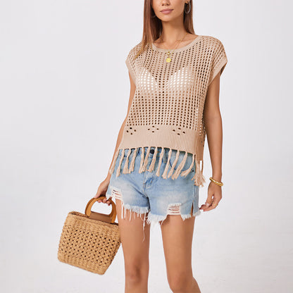 Women's Oversized Crochet Fringe Tank Top Boho Summer