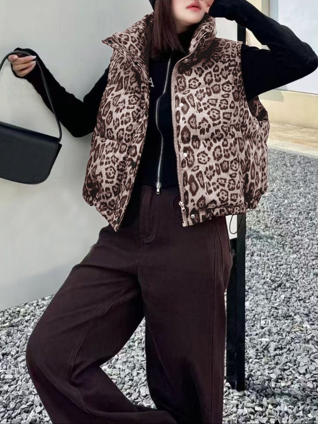 Women's Leopard Print Cropped Puffer Vest Streetwear