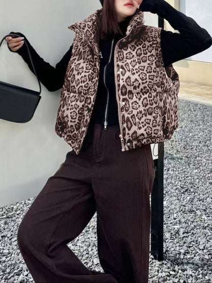 Women's Leopard Print Cropped Puffer Vest Streetwear