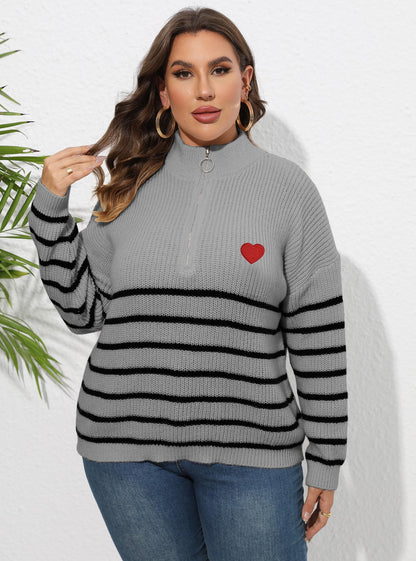 Women's Striped Splicing Love Zipper Pullover Sweater