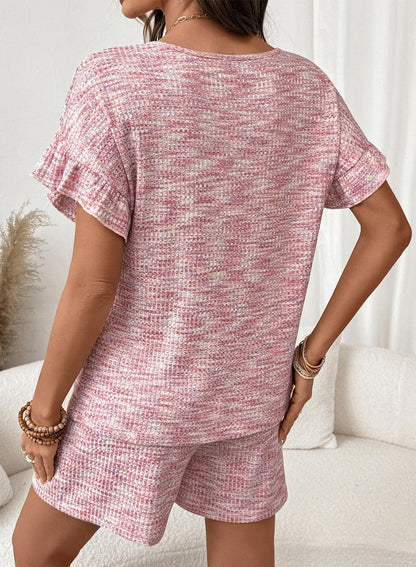 Textured Knit Lounge Set Ruffle Sleeve Drawstring