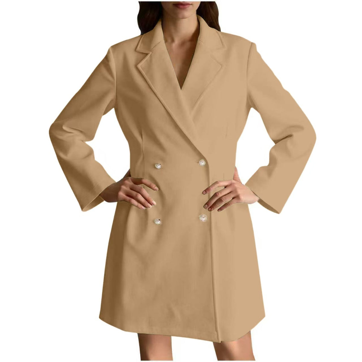 Women Double Breasted Tweed Coat Pearl Button