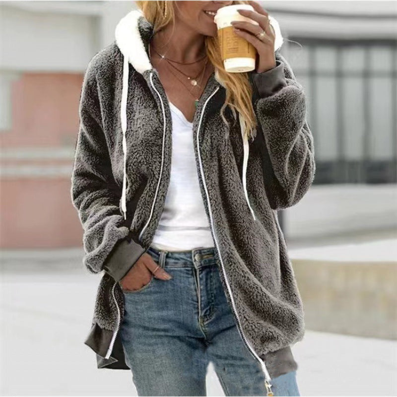 Plush Hooded Zip Jacket Oversized Fleece Outerwear