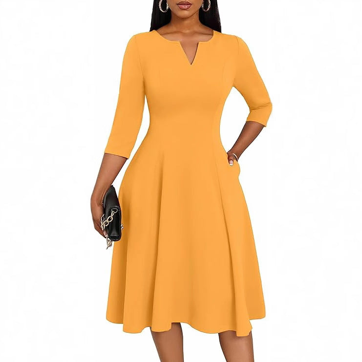 Women's 3/4 Sleeve V-Neck A-Line Midi Dress Wedding Guest
