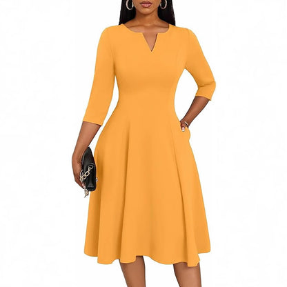 Women's 3/4 Sleeve V-Neck A-Line Midi Dress Wedding Guest