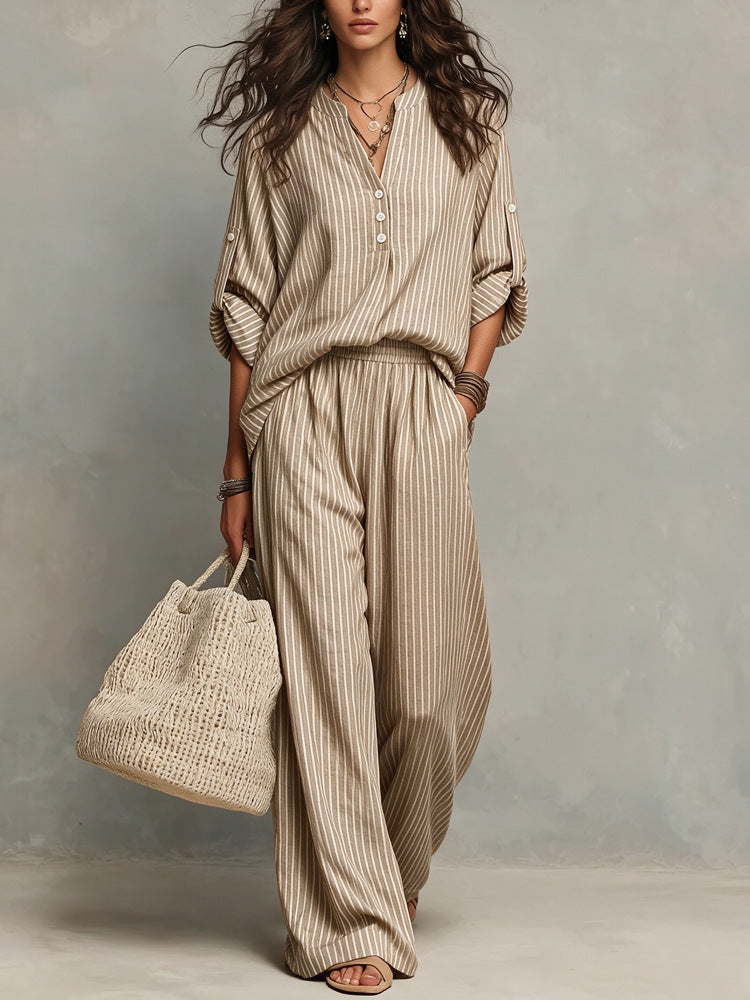 Women's Striped Cotton Lounge Set V-Neck Wide Leg Pants