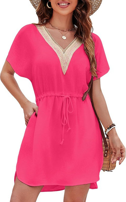 Short Sleeve Boho Cover Up Dress with Crochet Detail