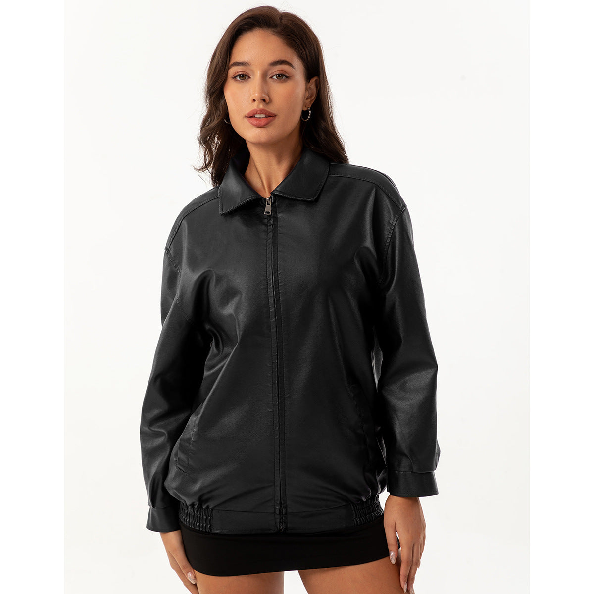 Womens Oversized Faux Leather Jacket Zip Up Casual