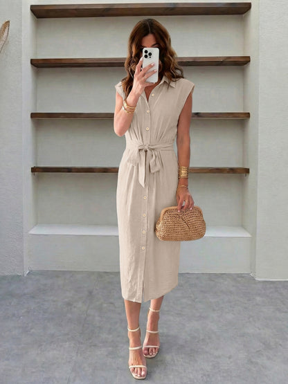 Belted Shirt Dress Midi Button Down Casual Summer Dress