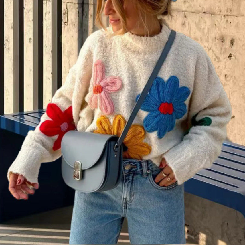 Women's Oversized Floral Embroidered Mock Neck Sweater