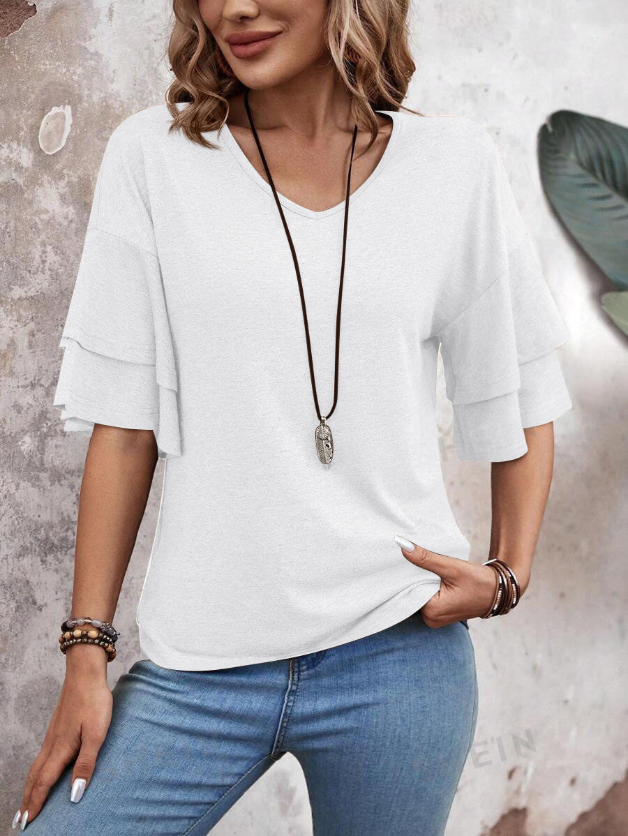 Customizable  Women's V-Neck Flutter Sleeve Top – Casual Summer T-Shirt