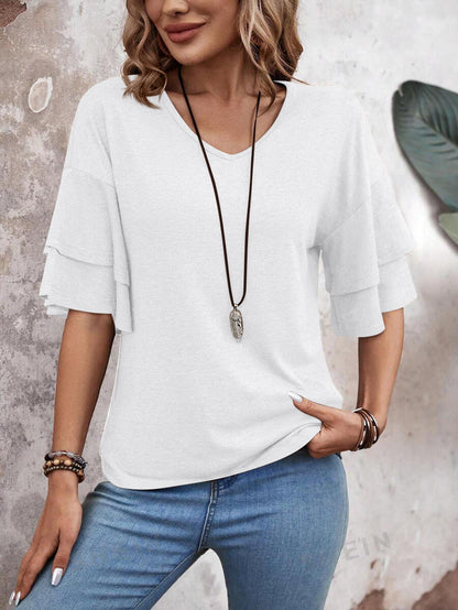 Customizable  Women's V-Neck Flutter Sleeve Top – Casual Summer T-Shirt