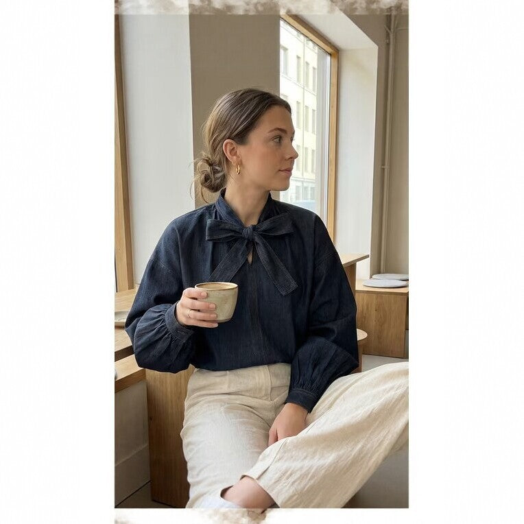 Women's Navy Denim Tie Neck Balloon Sleeve Blouse