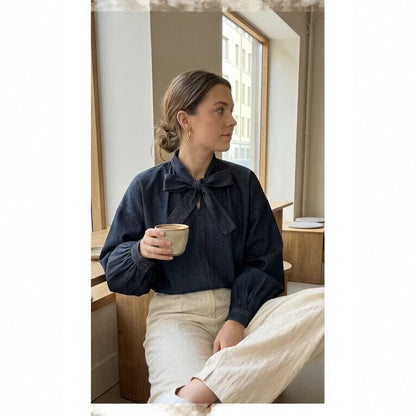Women's Navy Denim Tie Neck Balloon Sleeve Blouse