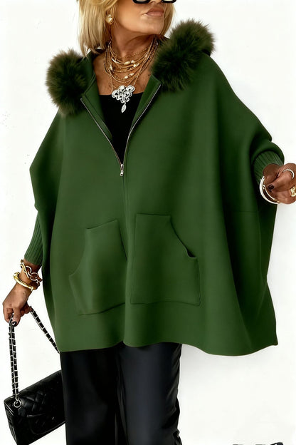 Oversized Faux Fur Hood Zip Up Knit Cardigan Pockets
