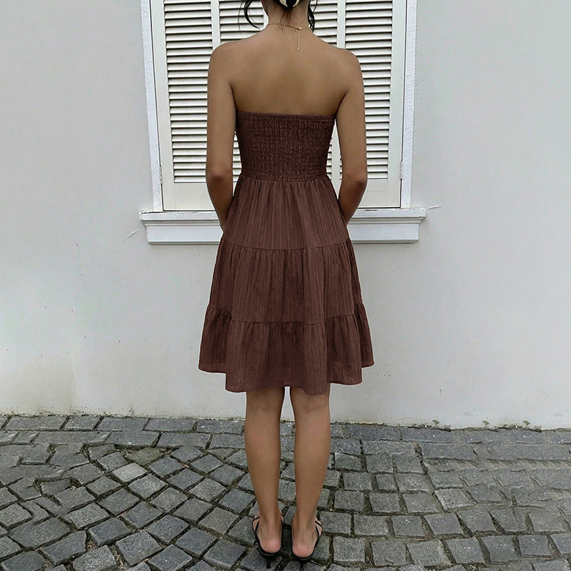 Summer Strapless Smocked Dress Off-Shoulder A-Line Casual