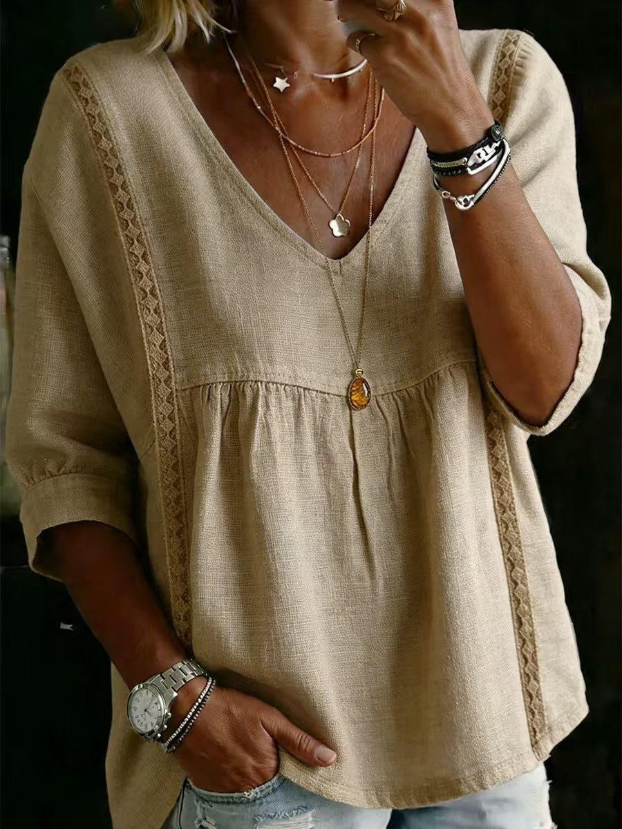Lace Trim V Neck Plus Size Blouse S to 4XL