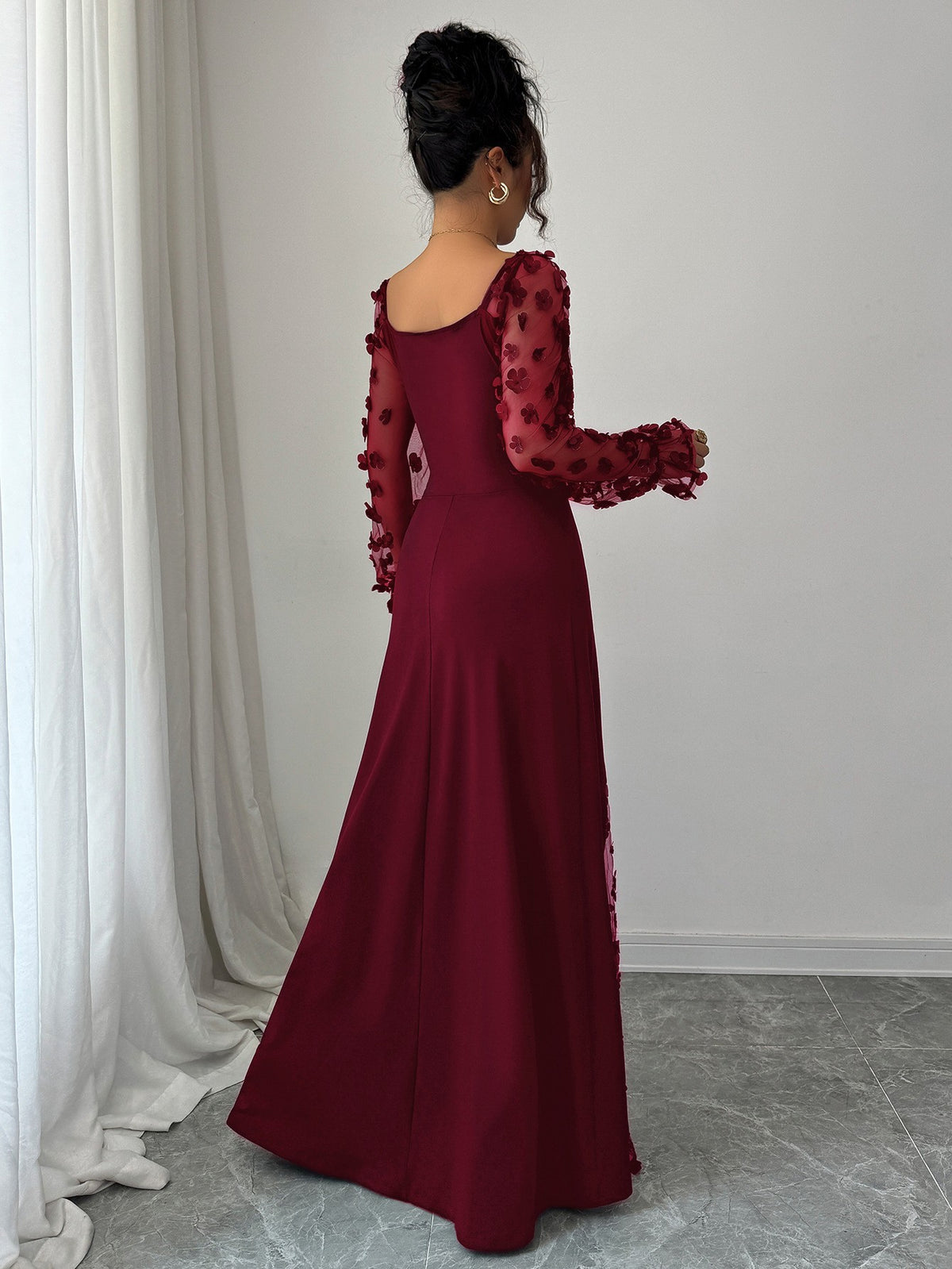 Square Neck Floral Applique Mesh Sleeve Maxi Dress